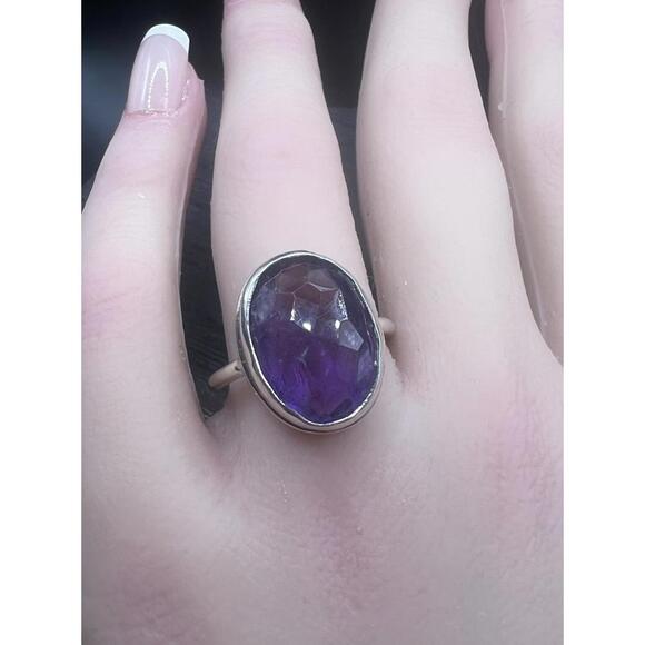 Jewelry - Sterling Silver Faceted Genuine Amethyst Solitaire Ring 8 Carat Size 8 Handmade